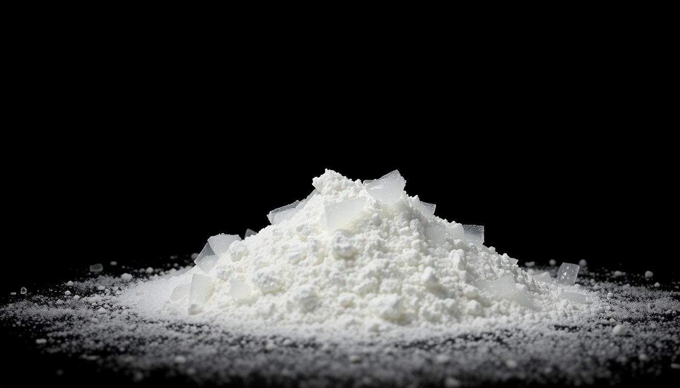 An extreme close-up photograph of a pile of white crystalline powder and small plastic baggies, lit by a harsh, direct camera flash against a pitch-black background, conceptually representing the seized drugs from a major drug bust.