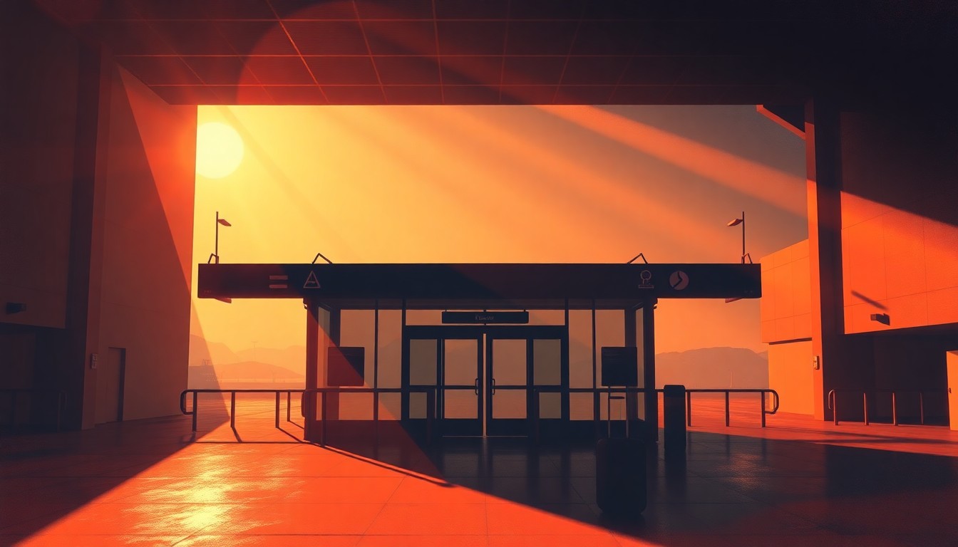 A dimly lit, cinematic painting of an empty airport terminal gate, with warm sunlight streaming through the windows and deep shadows cast across the floor, conveying a sense of melancholy and disruption.