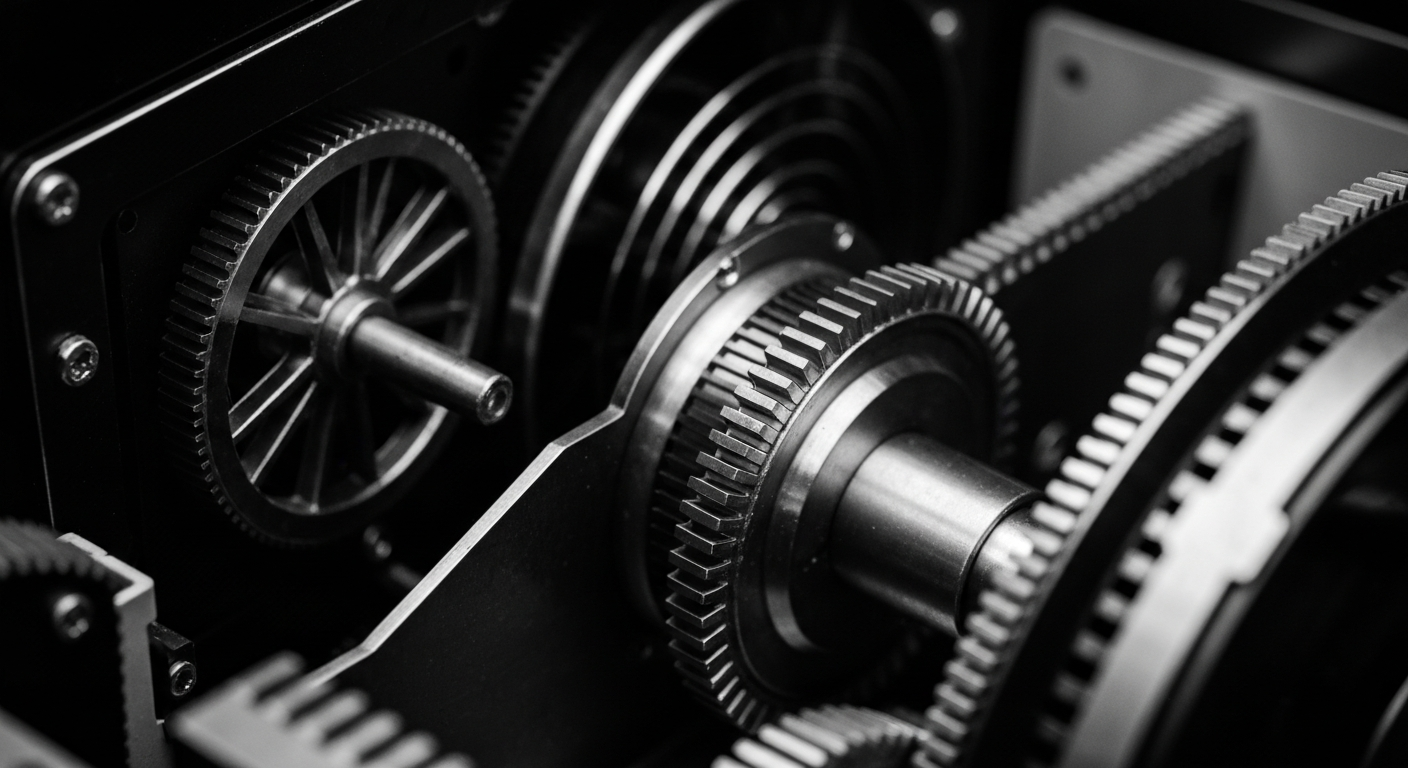 A high-contrast, close-up image of the intricate gears and components inside a bitcoin mining rig, conveying the industrial nature of cryptocurrency mining without using any text or branding.
