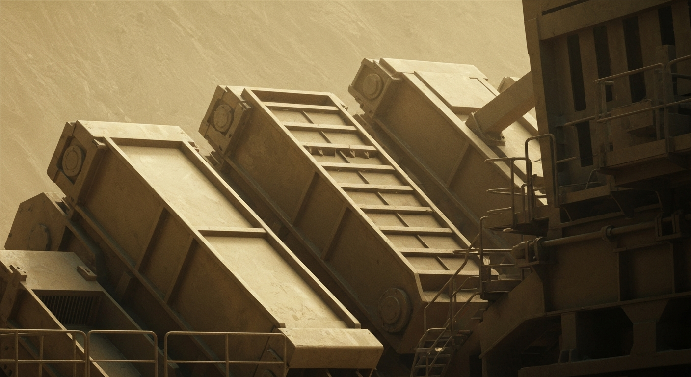 An extreme close-up of rugged, industrial gold mining machinery and equipment, conveying the physical, tangible nature of Newmont's business.