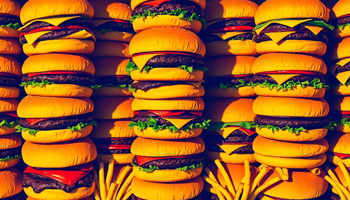 A bold, colorful silkscreen-style illustration featuring a repeating grid of hamburgers, french fries, and other fast food items, conceptually representing the diverse food service landscape in Memphis.