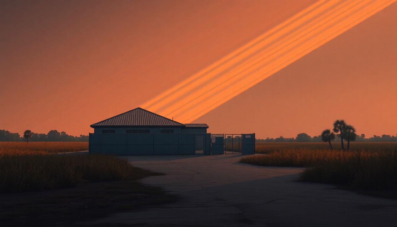 A serene, painterly image of a lone, nondescript building surrounded by lush greenery and natural light, conveying a sense of isolation and contemplation about the environmental and political tensions surrounding the detention center.