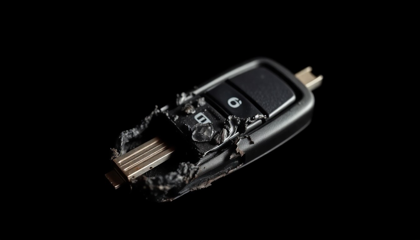An extreme close-up photograph of a partially melted car key fob against a pitch-black background, the charred and distorted metal and plastic conceptually representing the aftermath of a violent crime.