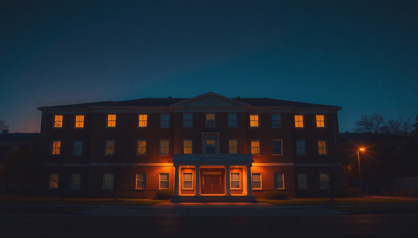 A dimly lit, cinematic painting of a quiet, empty university administration building at dusk, with warm sunlight streaming through the windows and deep shadows across the facade, conveying a sense of solemnity and uncertainty.