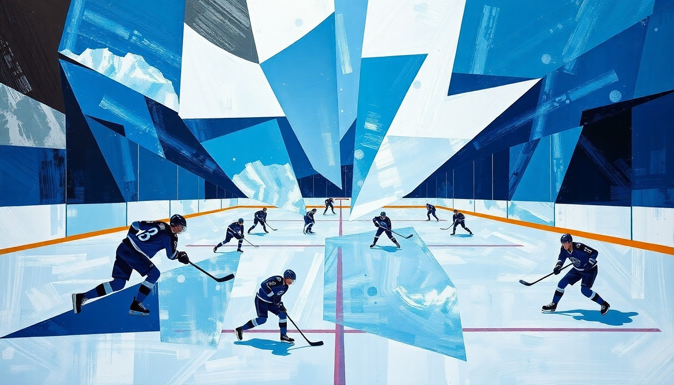 A fractured, cubist-style painting depicting a hockey game in progress, with the players and ice reduced to sharp, overlapping geometric forms in a palette of blues, whites, and grays, conveying the raw energy and movement of the sport.