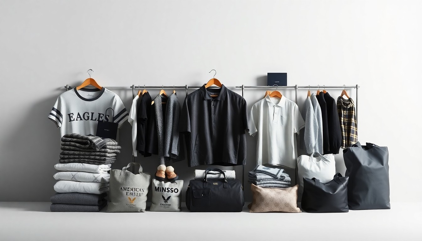 A high-end, photorealistic studio still-life photograph featuring a neatly arranged display of premium retail products from American Eagle and MINISO, including folded clothing, accessories, and home goods, all set against a clean, monochromatic background with sharp, dramatic lighting and deep shadows.