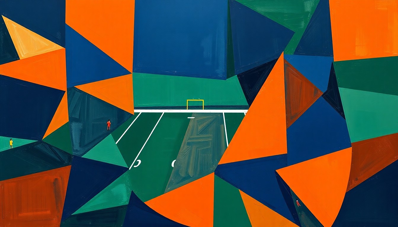 A cubist, geometric painting depicting a fragmented football game, with sharp planes of navy, green, and orange overlapping to create a dynamic, abstract visual representation of the story's themes.