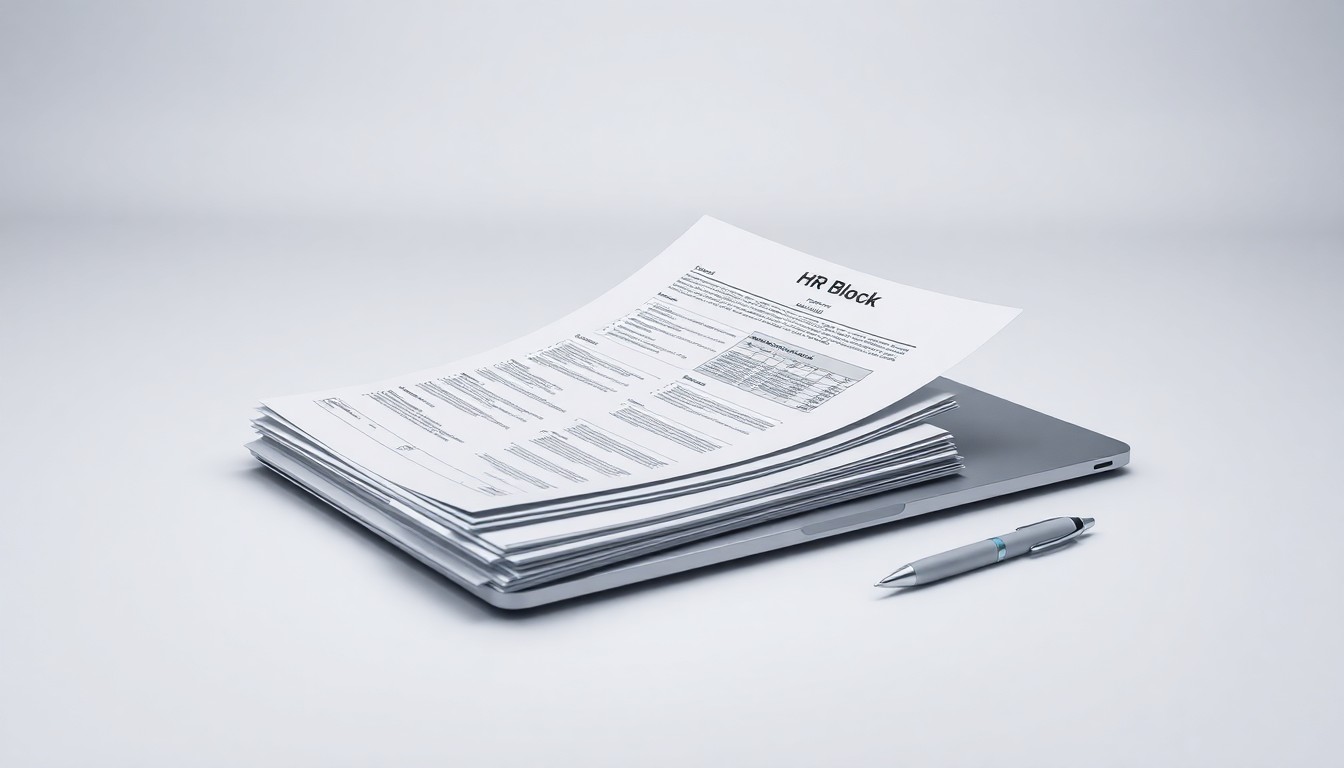 A minimalist studio photograph featuring a stack of financial documents, a laptop, and a pen arranged on a clean, monochromatic background, representing the abstract concepts of corporate strategy, finance, and technology that are central to H&R Block's fintech transformation.