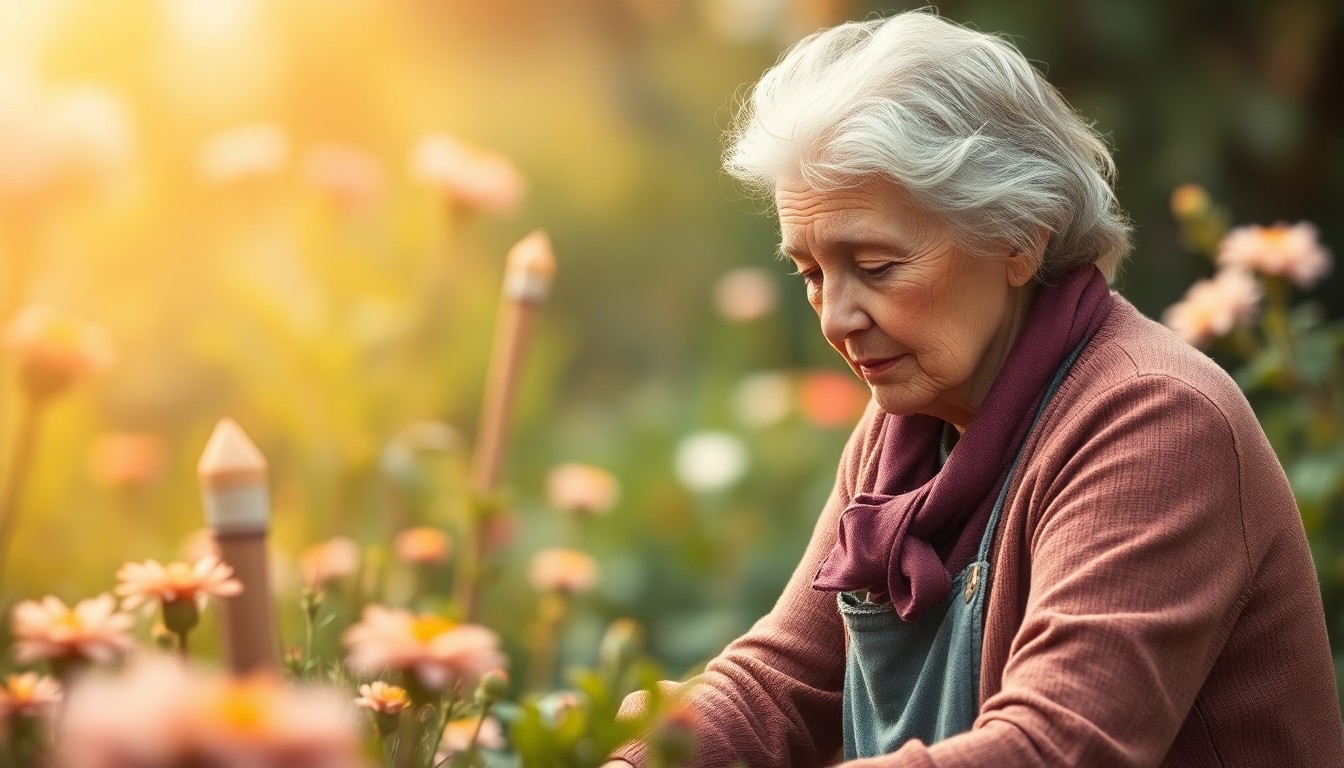 An abstract, out-of-focus photograph in warm, earthy tones depicting an elderly woman's hands gently caring for plants in a lush garden, capturing the quiet beauty and tranquility of a lifetime of devotion.