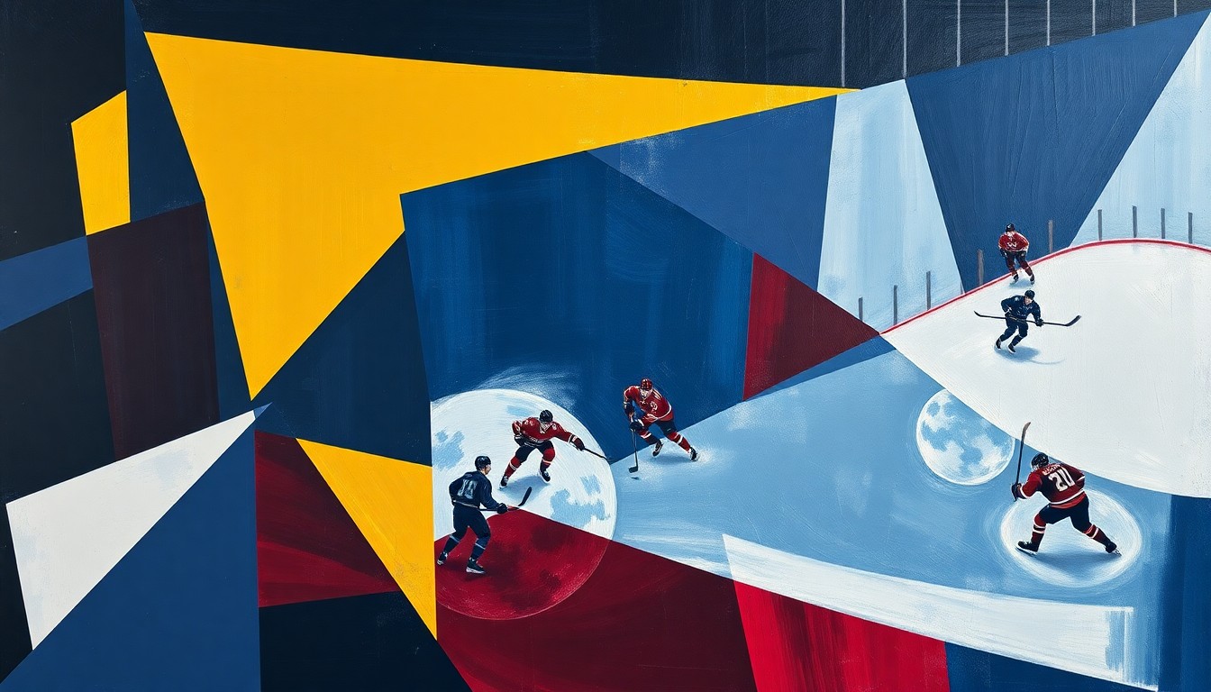 A cubist-style painting featuring fragmented, geometric shapes in navy, gold, and crimson red, conceptually representing the various contributions and roles of different Penguins players throughout the season.