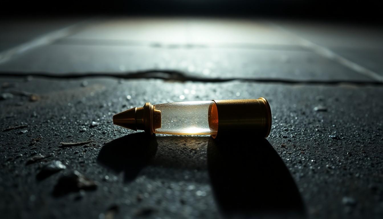 An extreme close-up photograph of a single spent bullet casing on a dark concrete surface, lit by a harsh, direct camera flash, creating a stark, gritty, investigative aesthetic.