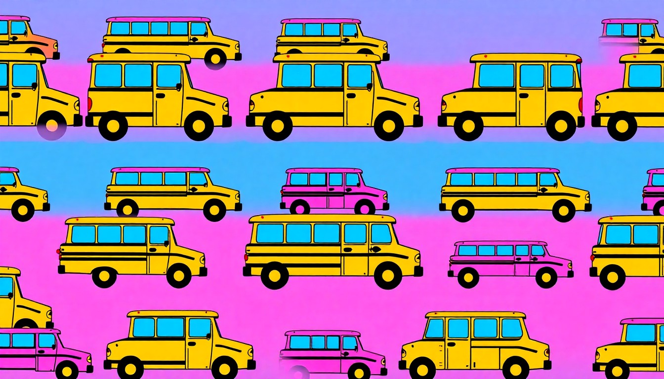 A bold, stylized grid of school bus icons in bright neon colors, conceptually representing the debate over the future of Strongsville's elementary education facilities.