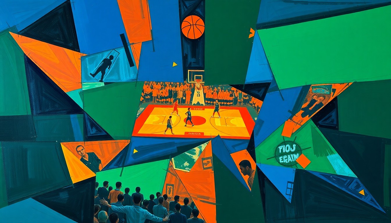 A fragmented, cubist-style painting depicting a basketball game or playoff competition, with the players and court broken down into sharp, overlapping geometric shapes in a palette of deep blue, forest green, and fiery orange, conveying the dynamic and uncertain nature of the 76ers' playoff positioning.