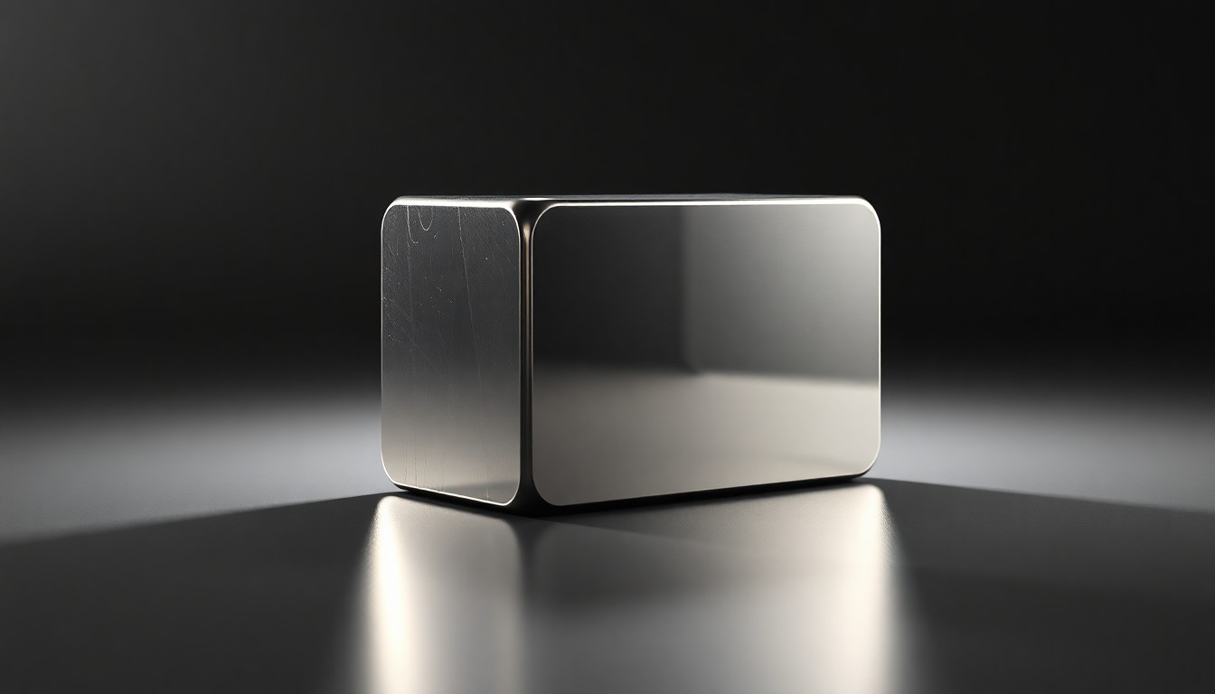 A photorealistic studio still-life image of a polished, geometric steel ingot or plate, reflecting dramatic studio lighting and symbolizing the premium ballistic steel solutions produced by the Roshel Algoma Defence partnership.