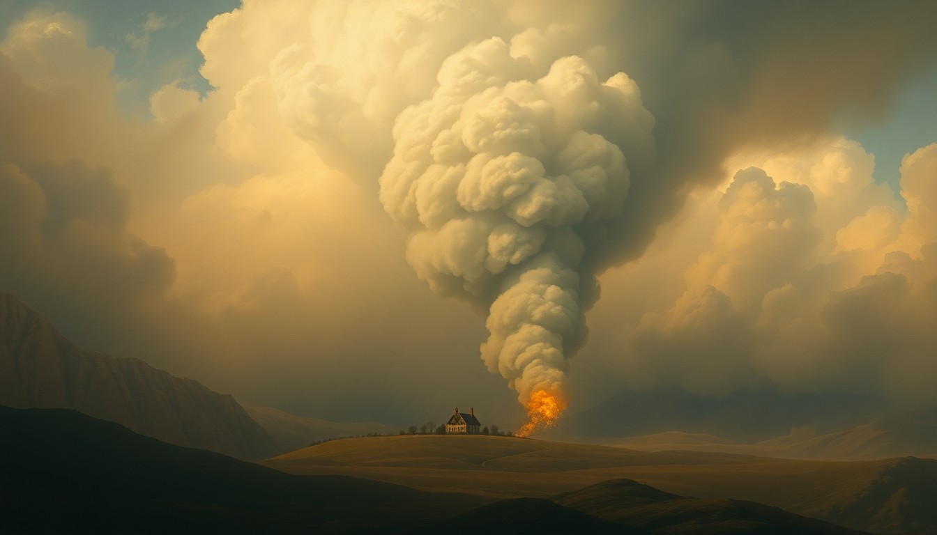 A sweeping, atmospheric landscape painting in muted tones of grey and blue, with a massive plume of smoke billowing from a partially obscured house in the distance, conveying the overwhelming scale and melancholic awe of a natural disaster.