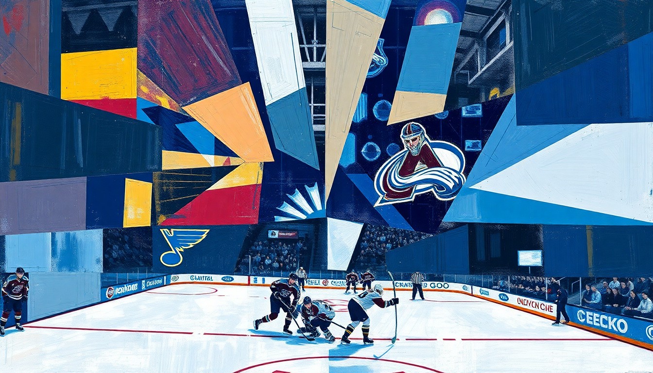 A cubist-style painting depicting a hockey game, with the players and arena broken down into overlapping geometric shapes and planes of color, conveying the intensity and drama of the Blues' playoff chase.