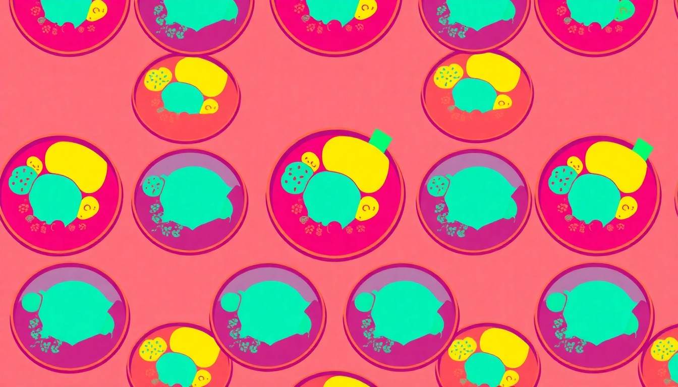 A brightly colored, high-contrast silkscreen print of a single, iconic smoothie bowl item repeated in a tight grid pattern, capturing the modern, pop art aesthetic of the new Bliss Bowls & Smoothies café.