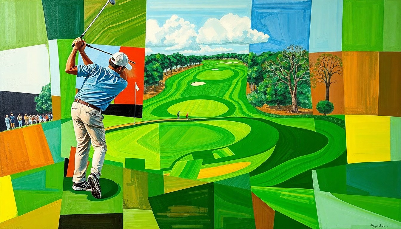 A fragmented, cubist-style painting depicting a golfer's swing and the undulating terrain of Augusta National Golf Club, rendered in a palette of greens, browns, and blues.