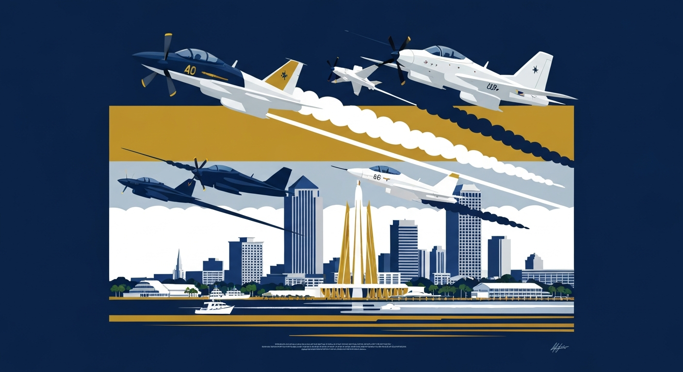A bold, geometric illustration depicting sleek, streamlined aircraft soaring over the Charleston skyline, with the harbor and bridges in the foreground, capturing the grand scale and celebratory spirit of the Charleston Air Show.
