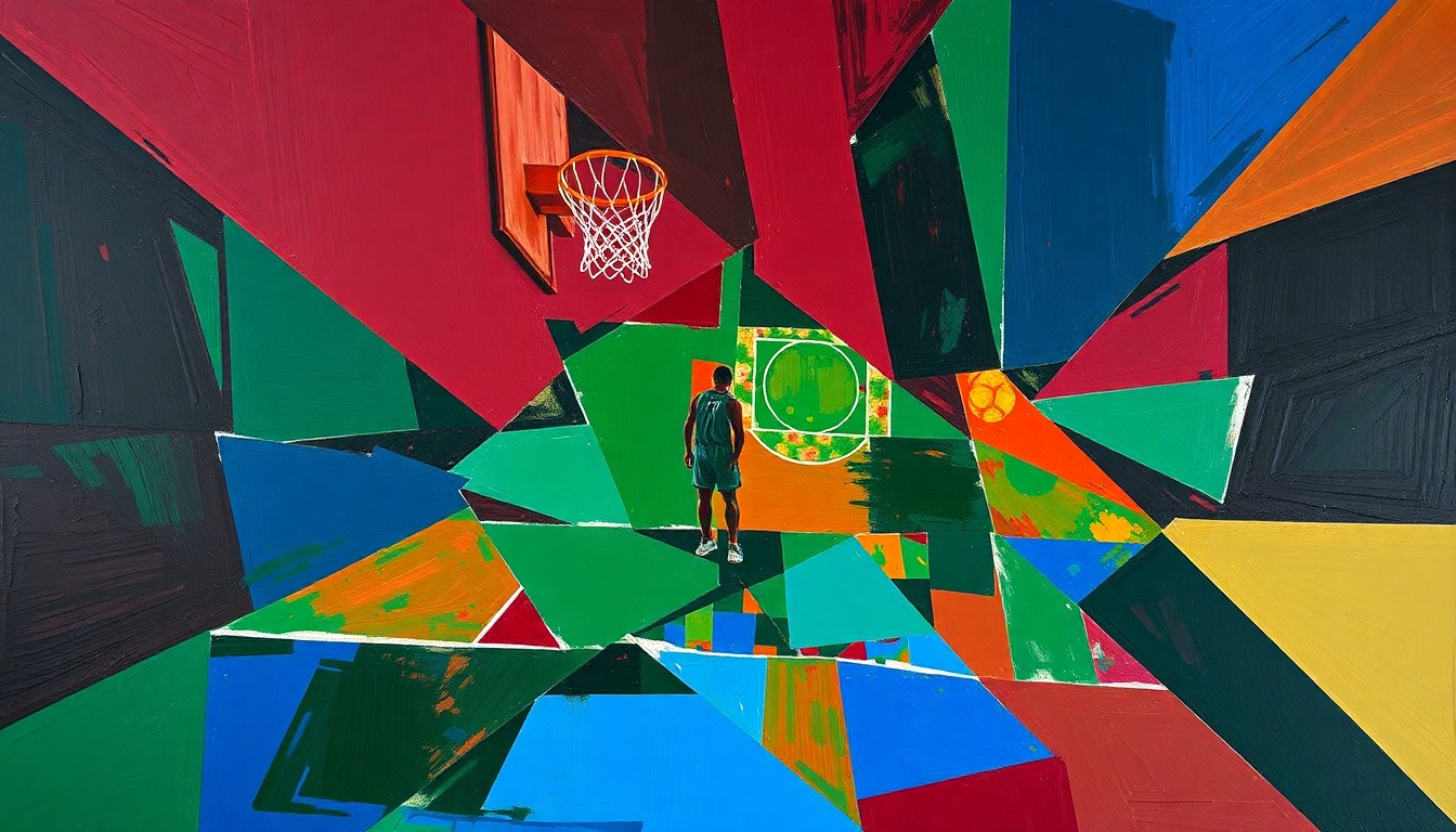 A cubist, geometric painting depicting a basketball game or match, with the players and court broken down into sharp, overlapping planes of color, capturing the dynamic energy and movement of the sport.