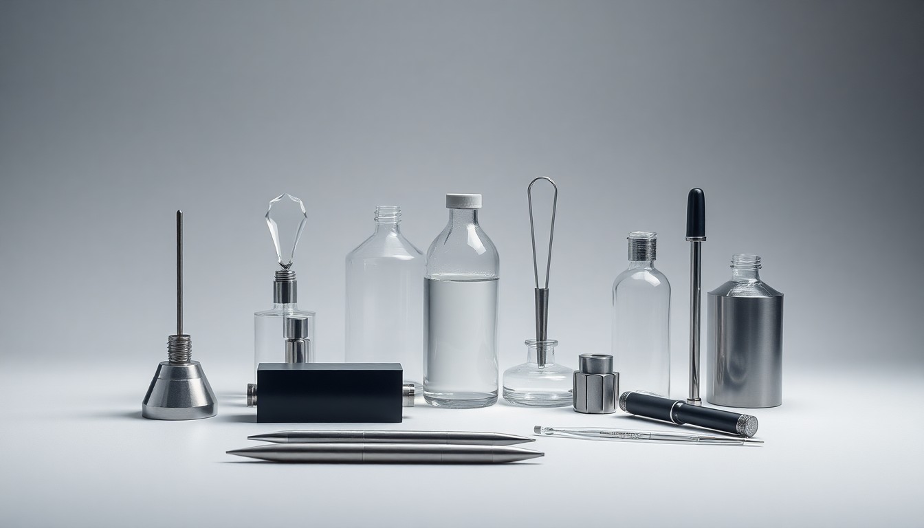 A high-end, photorealistic studio still-life photograph featuring a collection of polished, geometric forensic science equipment and tools arranged elegantly on a clean, monochromatic grey background. The objects are lit with dramatic studio lighting, creating deep shadows to symbolize the precision and importance of forensic analysis.