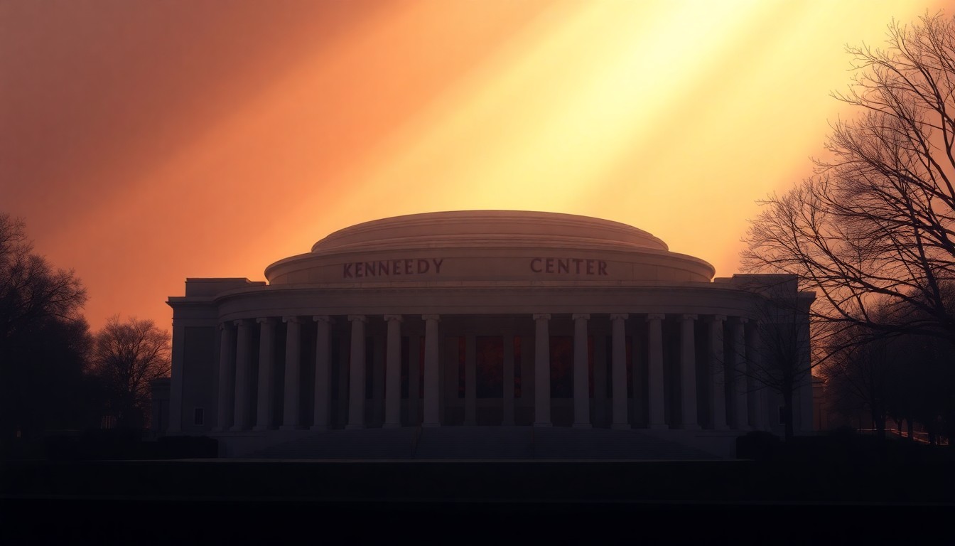 A serene, cinematic painting of the Kennedy Center building in Washington, D.C. glowing in warm, golden light with deep shadows, conveying a sense of political uncertainty and tension around the landmark's future.