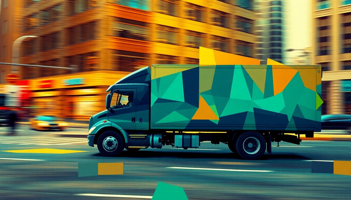 A highly textured, fragmented painting depicting a large commercial delivery truck speeding down a city street, with overlapping geometric shapes and waves of vibrant navy, emerald, and ochre colors, conceptually representing the tensions between commercial interests and neighborhood quality of life.