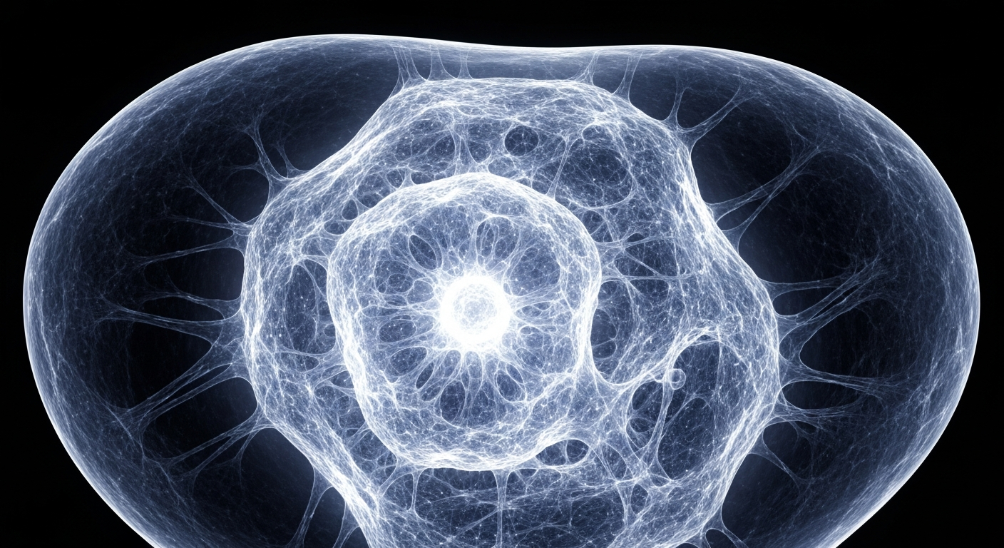A highly detailed, translucent X-ray-style image revealing the intricate internal structure of a human cell, conveying the complex biological processes that biomarker testing aims to analyze.