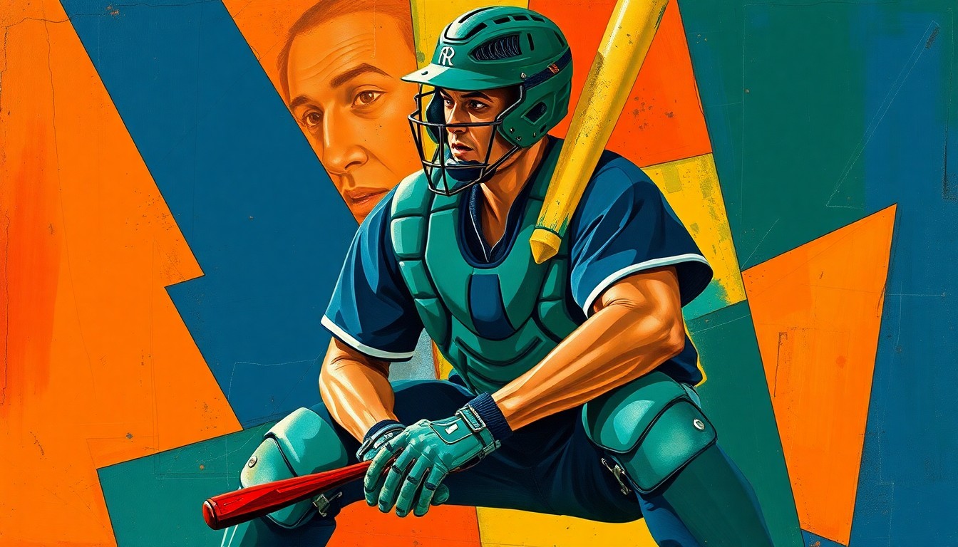 A fractured, multi-perspective painting featuring overlapping geometric shapes in navy, green, and orange, conceptually representing a baseball catcher's equipment and movements.
