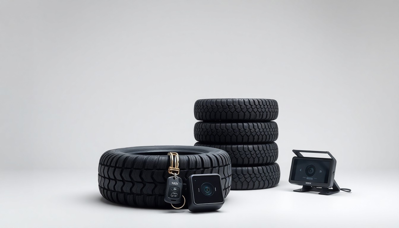 A photorealistic studio still-life featuring a stack of truck tires, a set of truck keys, and a truck dashboard camera arranged elegantly against a clean, monochromatic background, conceptually representing the financial challenges the trucking industry faces due to rising insurance costs.