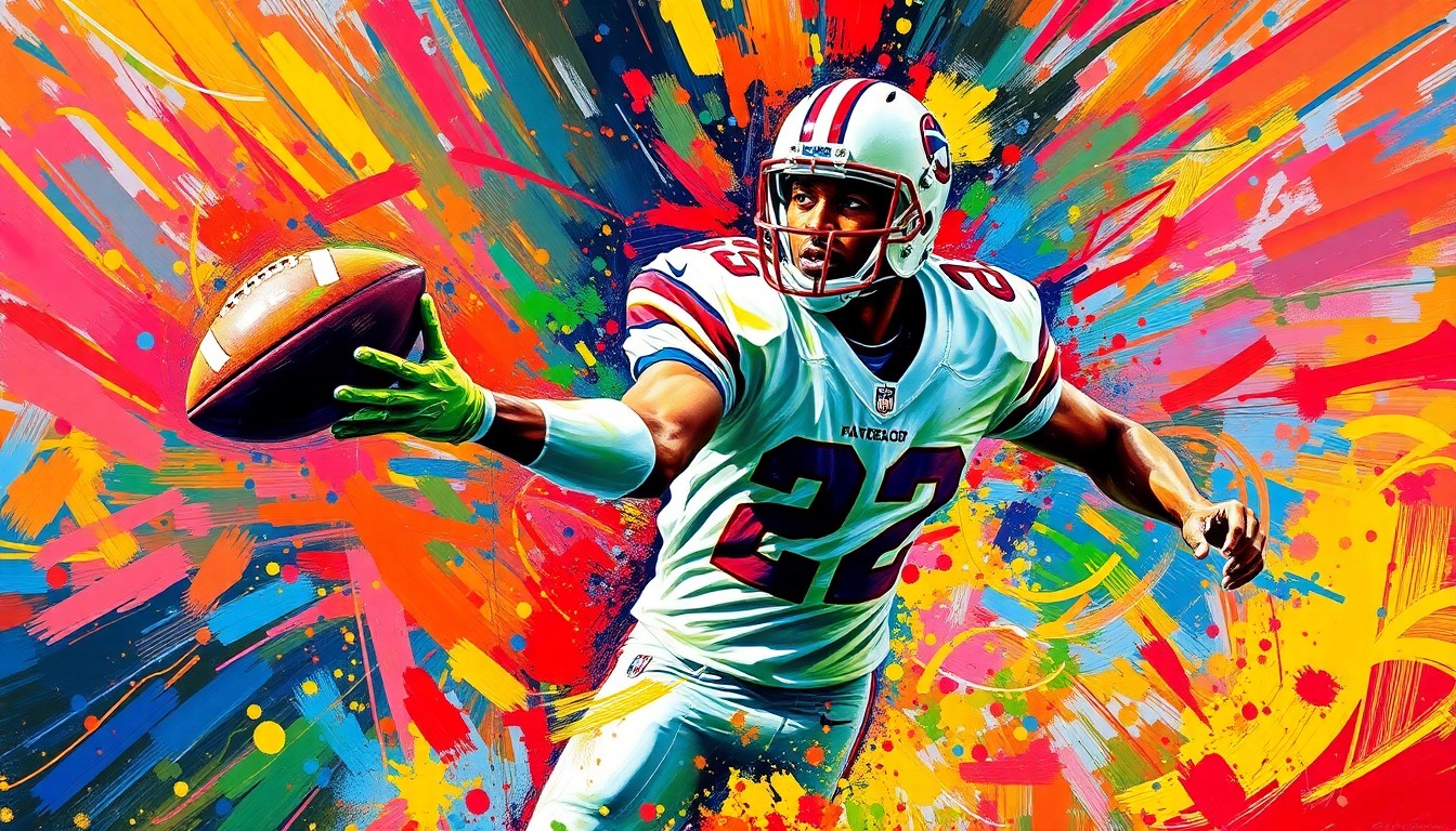 A vibrant, expressionist painting in neon colors depicts the dynamic movements and raw energy of a wide receiver making a play, with the player's face and uniform details dissolving into unrecognizable splatters of color.