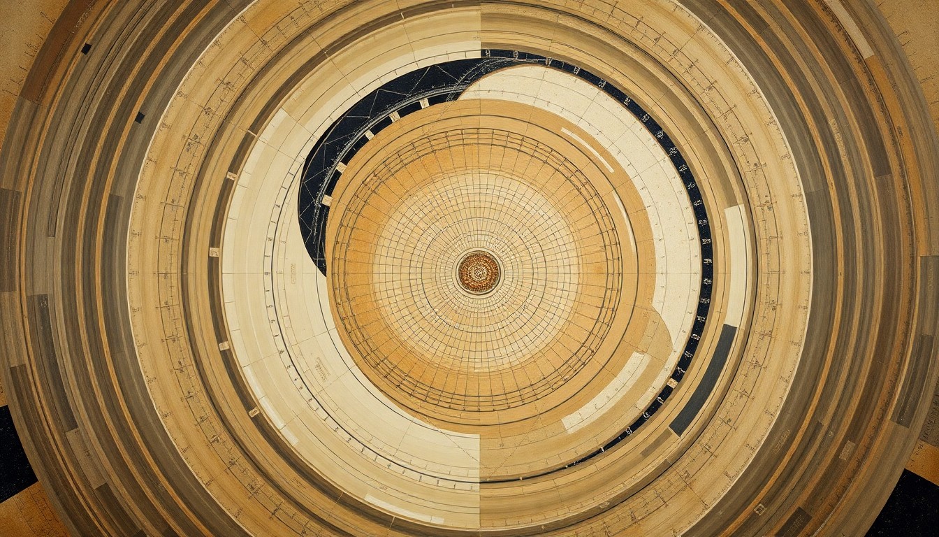 A bold, abstract painting in soft, earthy tones depicting the fragile, interconnected nature of human civilization as seen from the vantage point of space, with sweeping geometric arcs, concentric planetary circles, and precise botanical or physical spirals conveying the structural order of the universe.