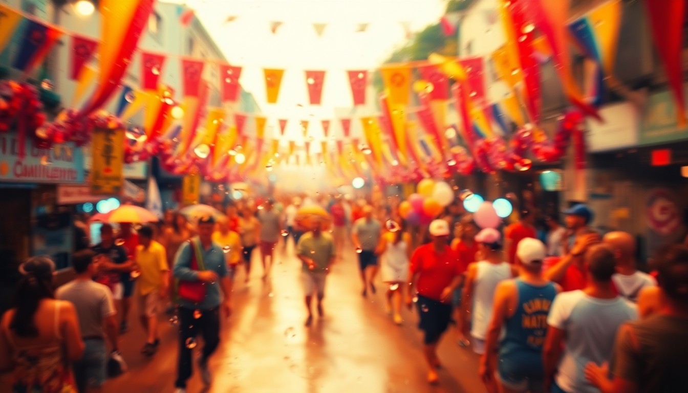 An abstract, out-of-focus photograph featuring colorful blurs and soft pools of light, conceptually representing the celebratory atmosphere of a community parade.