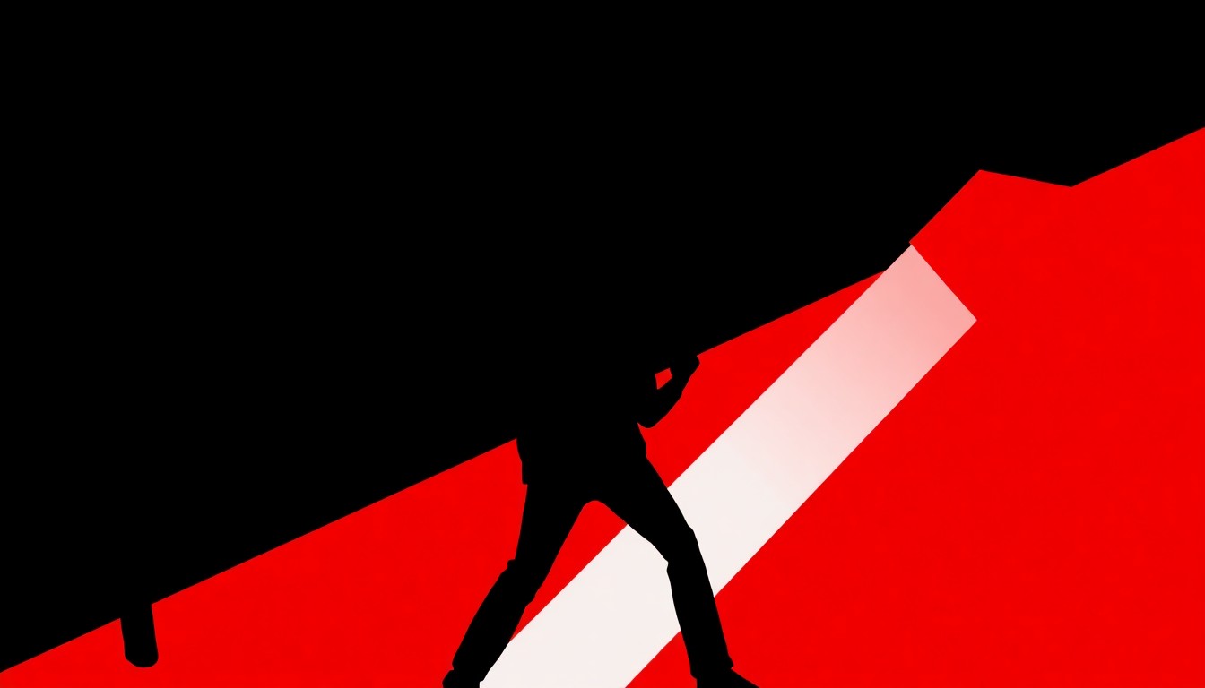 A striking abstract illustration featuring bold black silhouettes and high-contrast red and white geometric shapes, conceptually representing the energy and passion of a Bruce Springsteen concert performance.