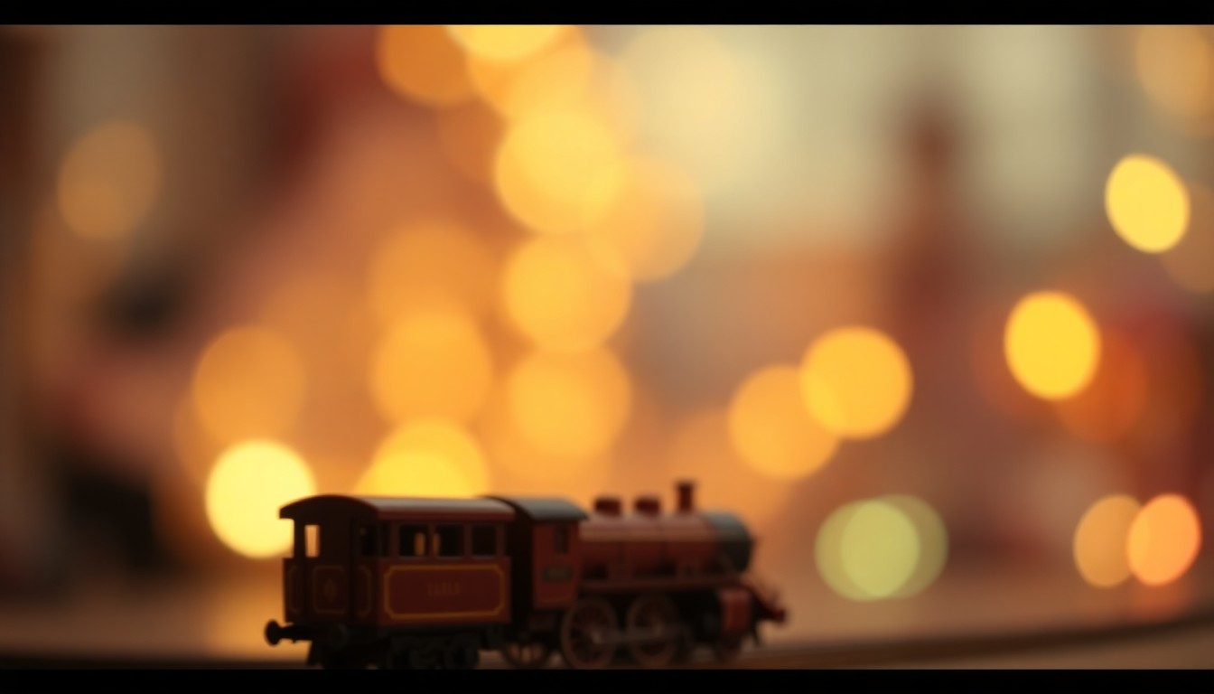 A dreamy, out-of-focus photograph of a miniature model train set against a backdrop of soft, warm-toned lights, capturing the nostalgic and imaginative spirit of the Railway Museum of San Angelo's National Train Days celebration.