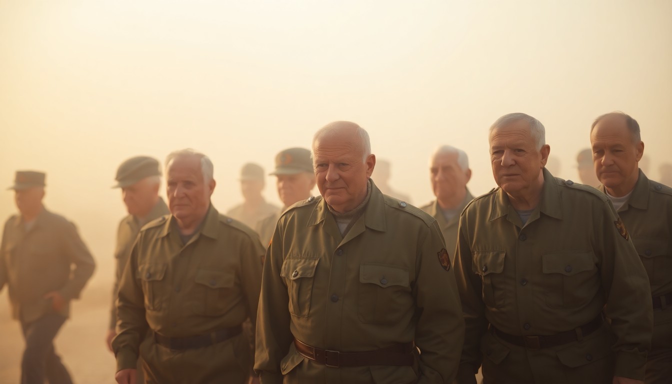 An abstracted, out-of-focus photograph in warm, soft tones depicting a group of older men in military uniforms walking together, their faces obscured but their sense of purpose and camaraderie evident.