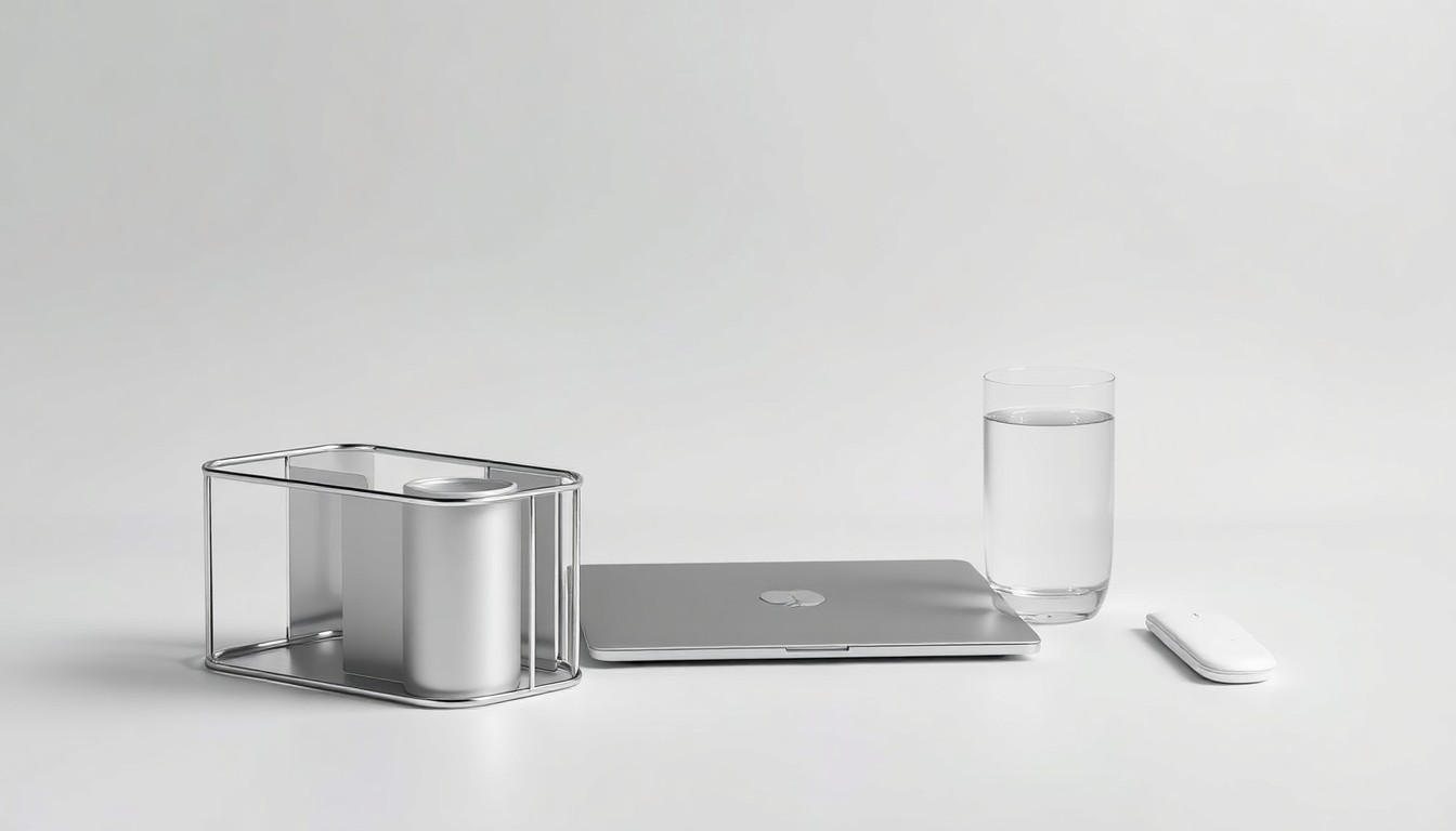 A photorealistic studio still life featuring a polished metal desk organizer, a sleek laptop, and a glass of water on a clean, monochromatic background, conceptually representing the abstract ideas of growth, strategy, and technology in the wealth management industry.