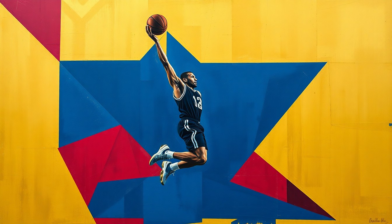 A cubist-style painting depicting a basketball player's jump shot broken down into fragmented, overlapping geometric shapes in navy, gold, and crimson, conveying the fractured state of Pitt's basketball program.
