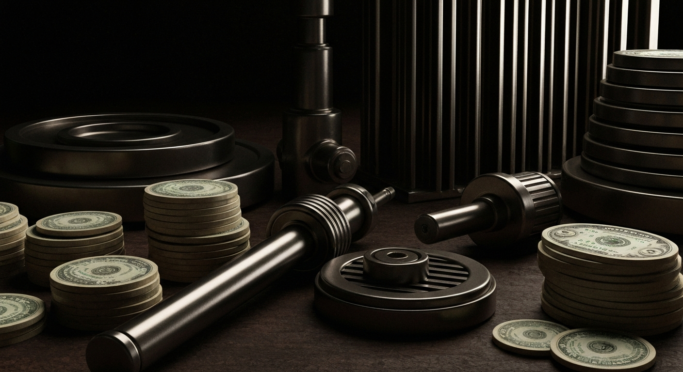 An extreme close-up of gears, levers, and other mechanical components of a banking or financial institution, conveying a sense of the complex, powerful machinery underlying the world of finance.