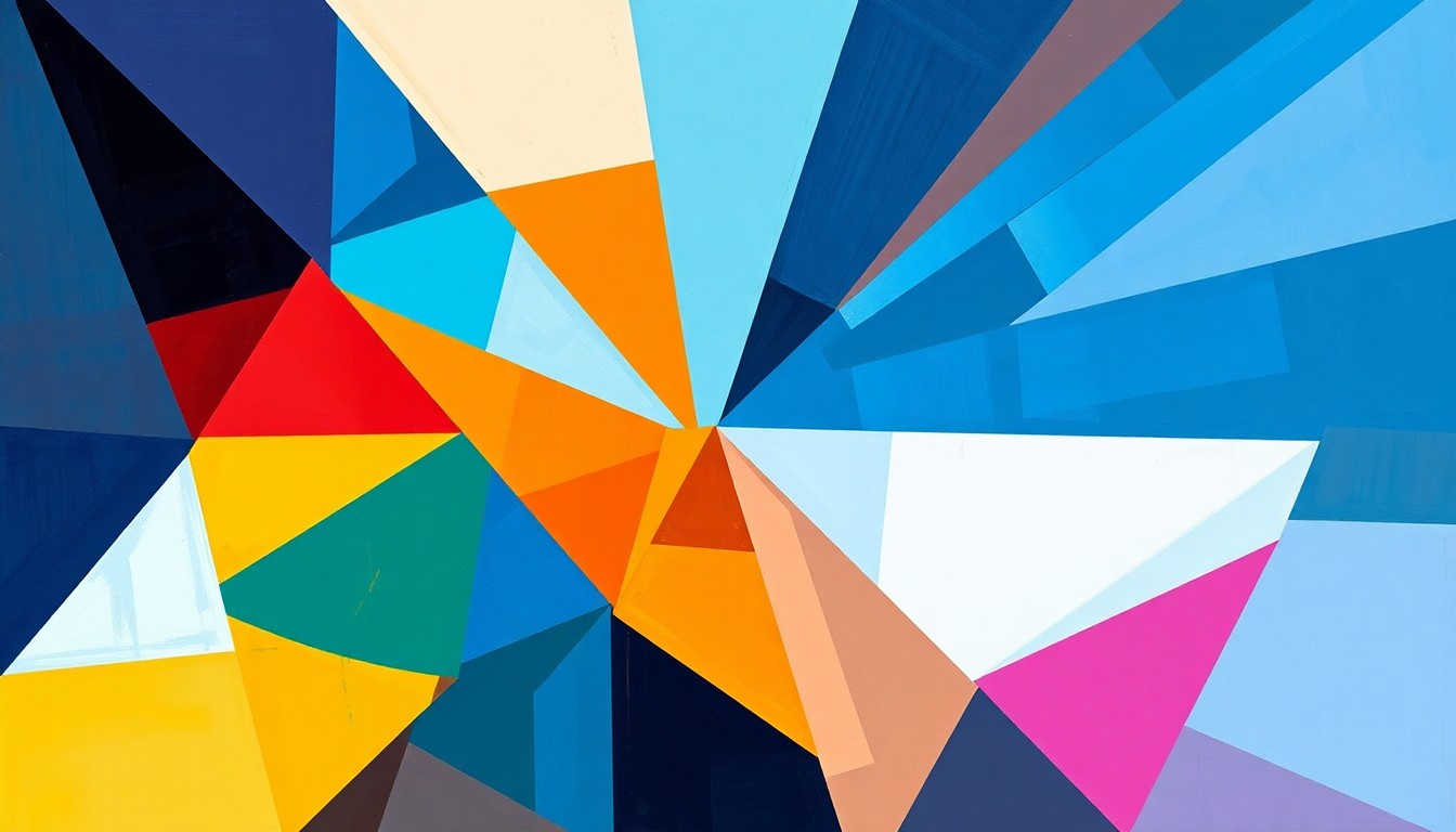 A fractured, multi-perspective painting in the style of Pablo Picasso, breaking down a WNBA basketball game or match into sharp, overlapping geometric planes of blue, green, and red, representing the colors of the Chicago Sky and Atlanta Dream.