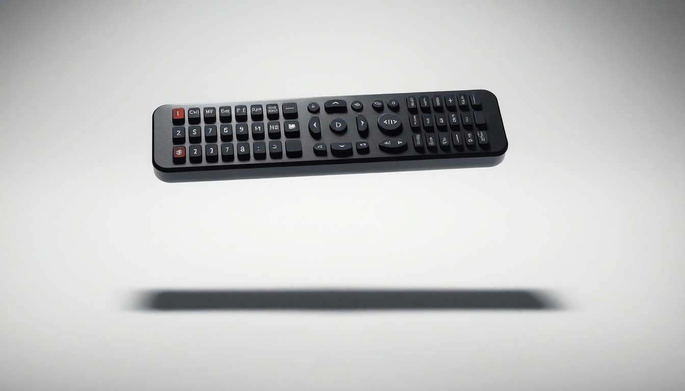 A close-up photograph of a sleek, minimalist television remote control made of polished metal and glass, floating against a plain white background and dramatically lit to convey the abstract corporate tensions behind the Comcast-Scripps programming dispute.