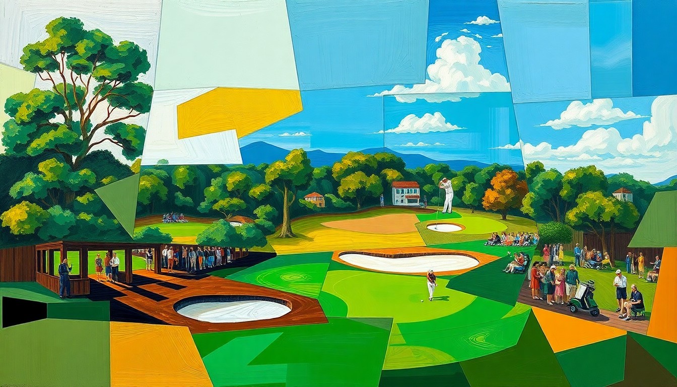 A cubist, geometric painting depicting a fractured, multi-perspective view of a golf tournament scene, with sharp, overlapping planes of vibrant greens, browns, and blues.