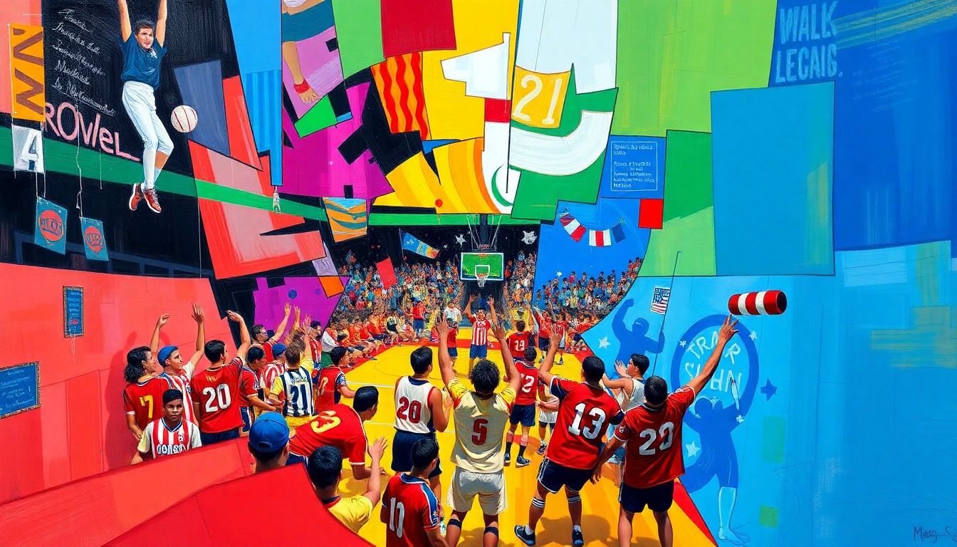 A fragmented, geometric painting depicting various sports actions and celebratory scenes, with vibrant colors representing the energy and diversity of the honored high school athletes.
