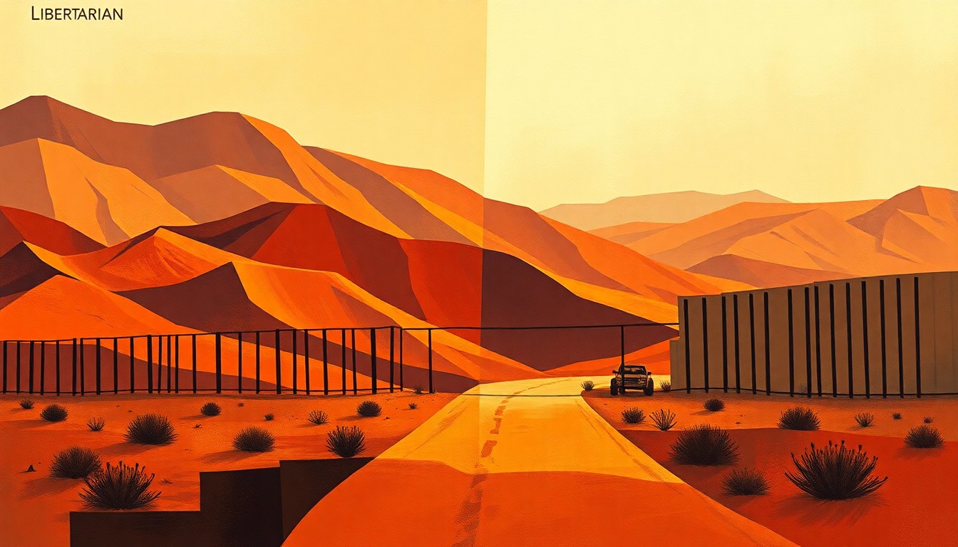 A vibrant, abstract painting with overlapping geometric shapes and waves of warm desert colors, conceptually representing the Libertarian Party's differing views on immigration policy at the U.S. border.