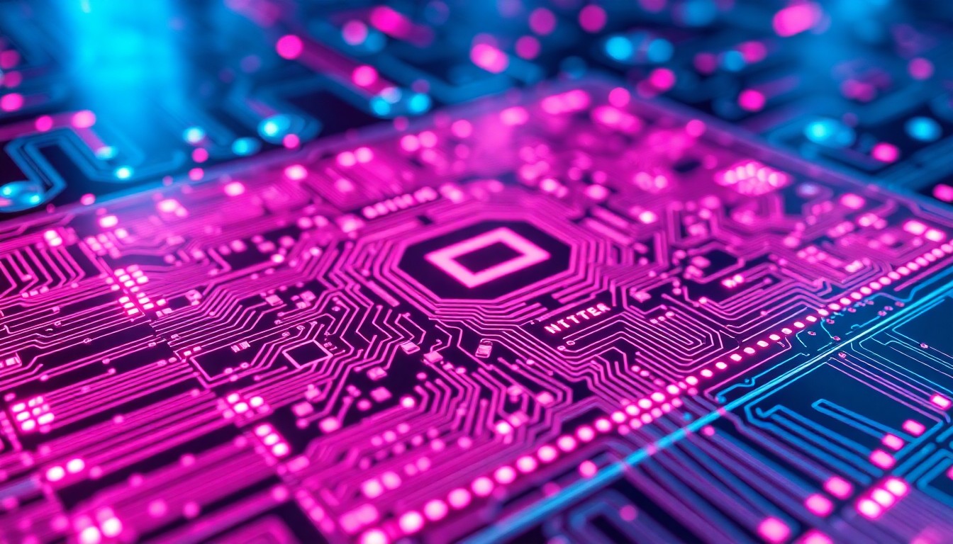 A highly detailed, 3D macro illustration of a glowing silicon wafer with intricate circuit patterns illuminated by neon cyan and magenta lights, conceptually representing the advanced chip manufacturing capabilities of the Terafab facility.