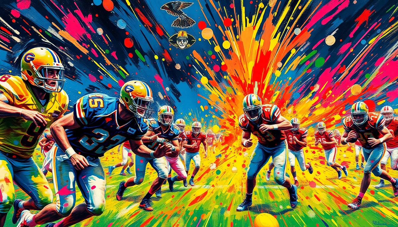 An abstract, energetic painting in neon colors depicting the chaotic movement and action of a high school football game, with players' forms dissolving into expressive brushstrokes.