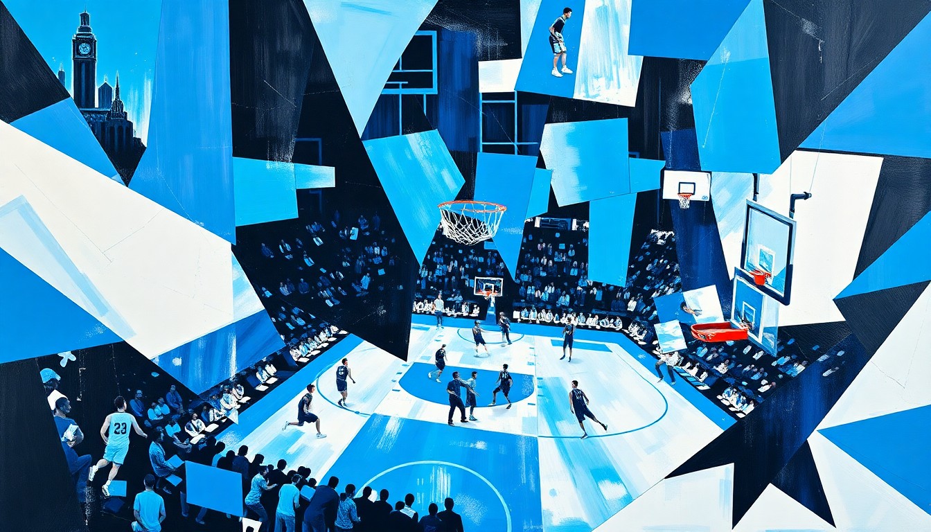 A cubist, geometric painting depicting a fragmented basketball game, with sharp planes of Carolina blue, white, and black colors.