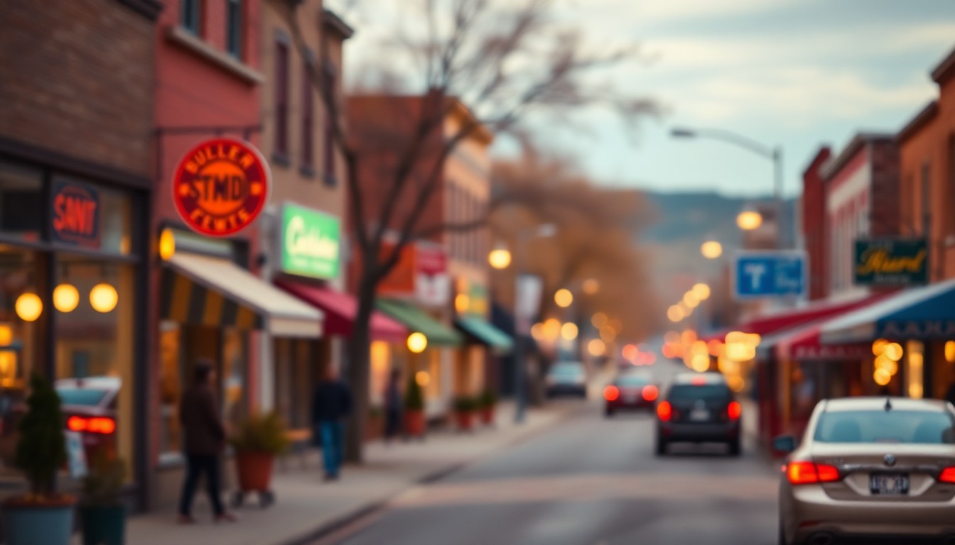 An extremely abstracted, out-of-focus photograph shot through condensation or rain-streaked glass, composed of warm pools of color and light that evoke the nostalgic, community-oriented atmosphere of a small Midwestern town.