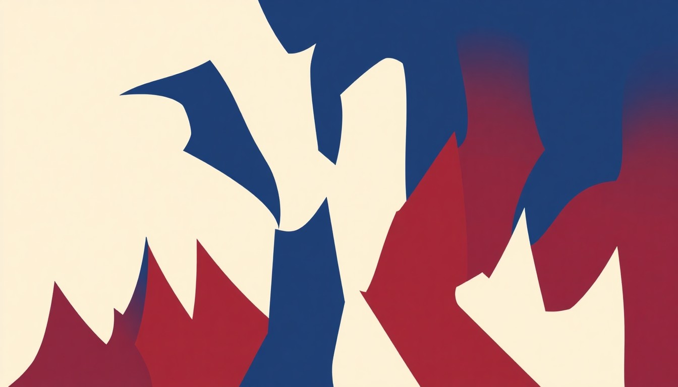 An abstract, geometric illustration in red, white, and blue, featuring sharp, angular shapes that evoke the grand scale and diverse elements of an orchestral celebration of America's 250th birthday.