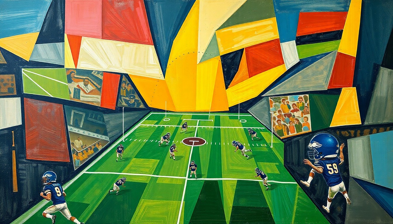 A cubist, fragmented painting depicting a football game, with players and the field broken down into sharp, overlapping geometric shapes and planes in a variety of earthy tones.